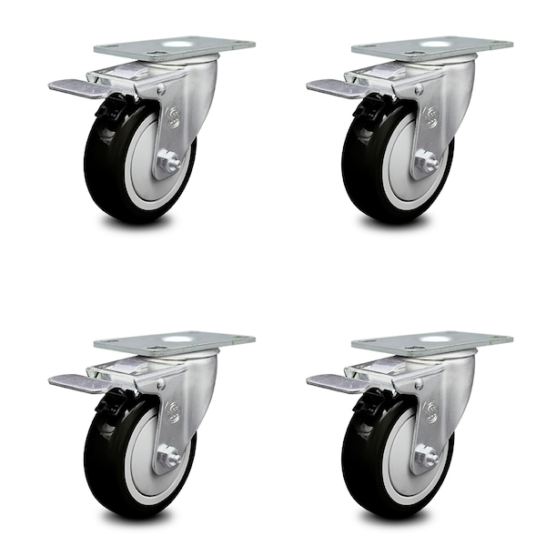 4 Inch Black Polyurethane Swivel Top Plate Caster Set with Total Lock Brake SCC